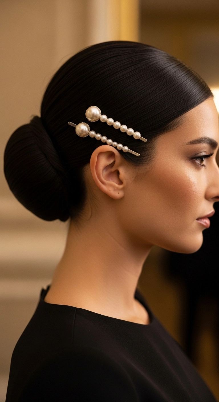 Sleek Low Chignon with Pearl Pin Accents