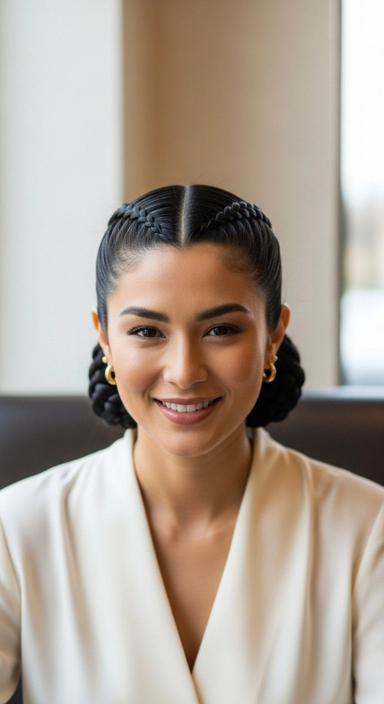 Sleek Center-Part Dutch Braids with Low Coiled Buns