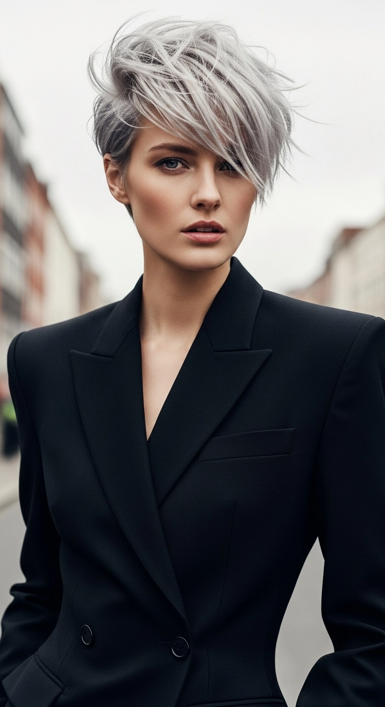Icy Silver Asymmetrical Pixie with Feathered Bangs