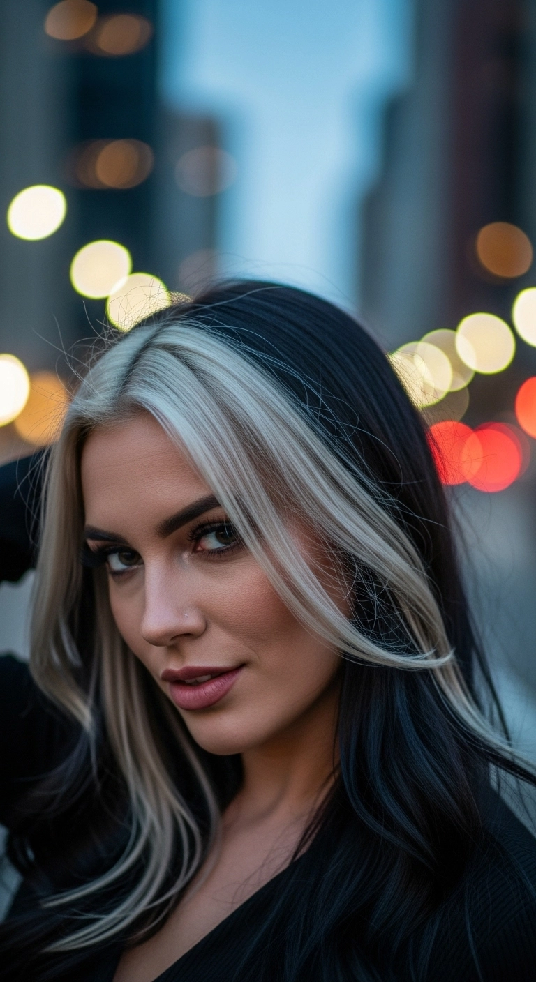 High-Contrast Platinum Blonde Money Piece on Jet Black Hair