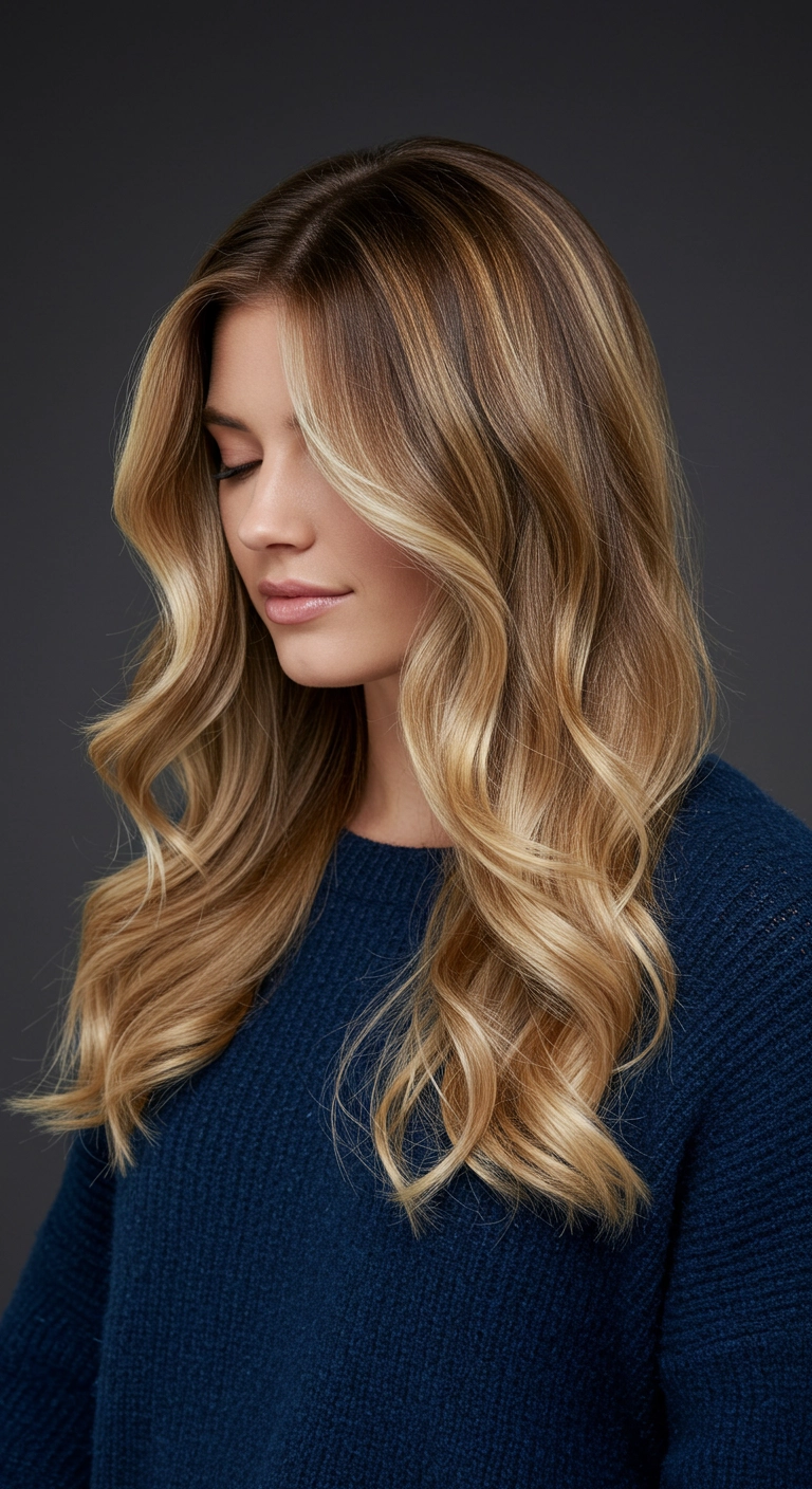Golden Honey Balayage with Face-Framing Waves