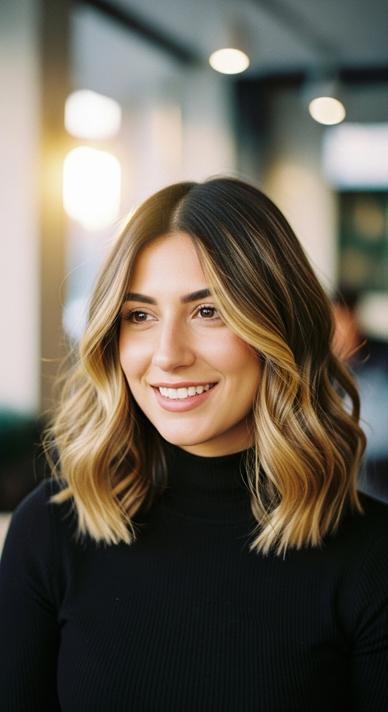Sun-Kissed Golden Money Piece Lob with Lived-In Waves