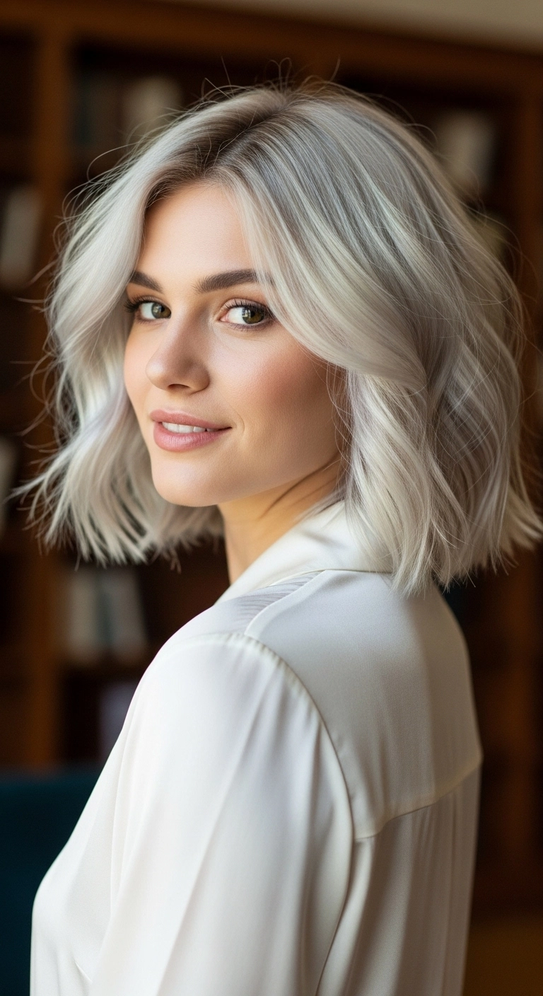 Icy Platinum Wavy Lob with Curtain Framing