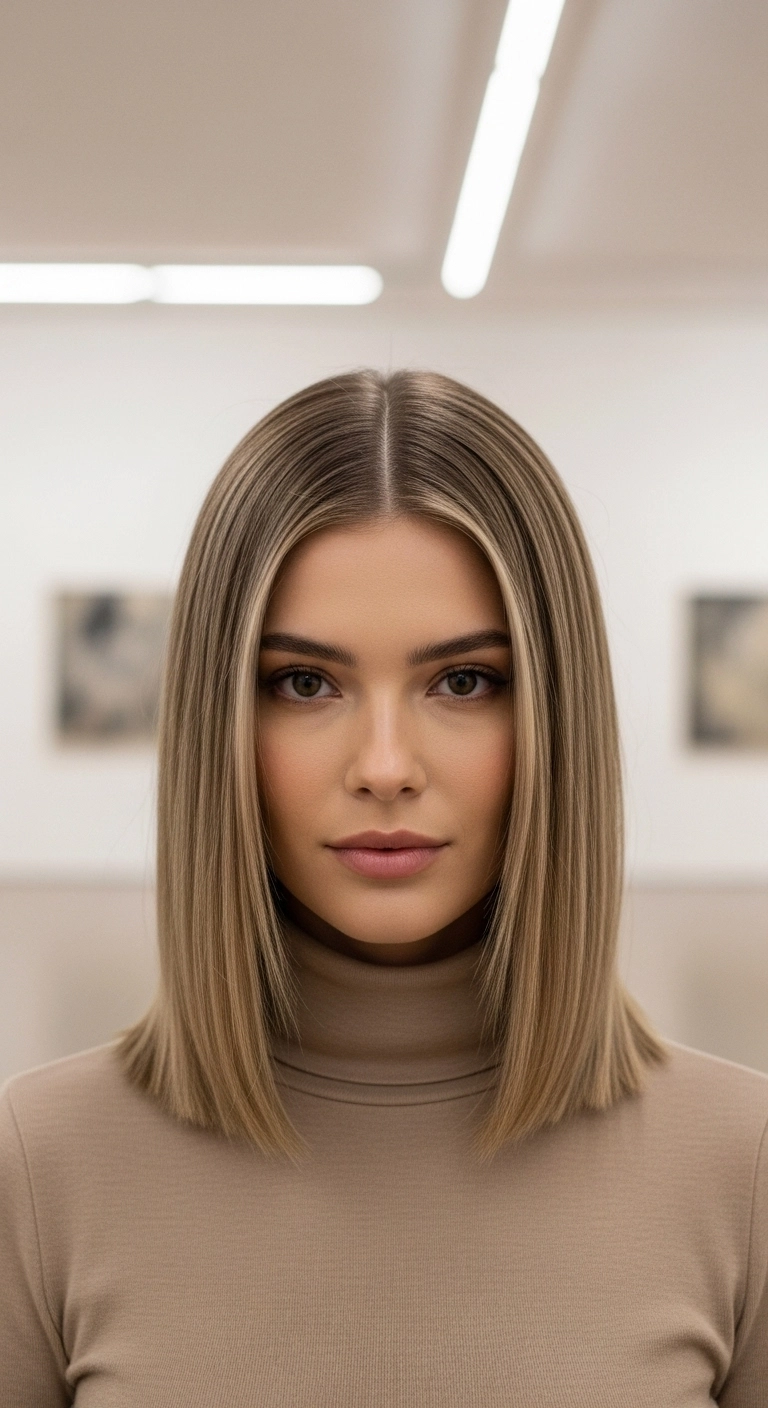 Sleek Blunt Lob with Face-Framing Babylights