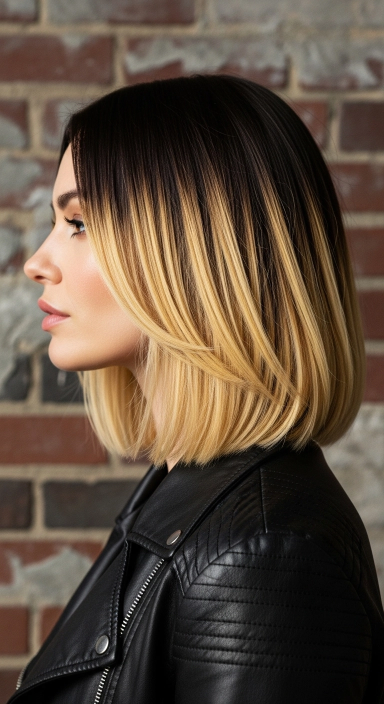 Golden Honey Ombré Sleek Lob with Shadow Root