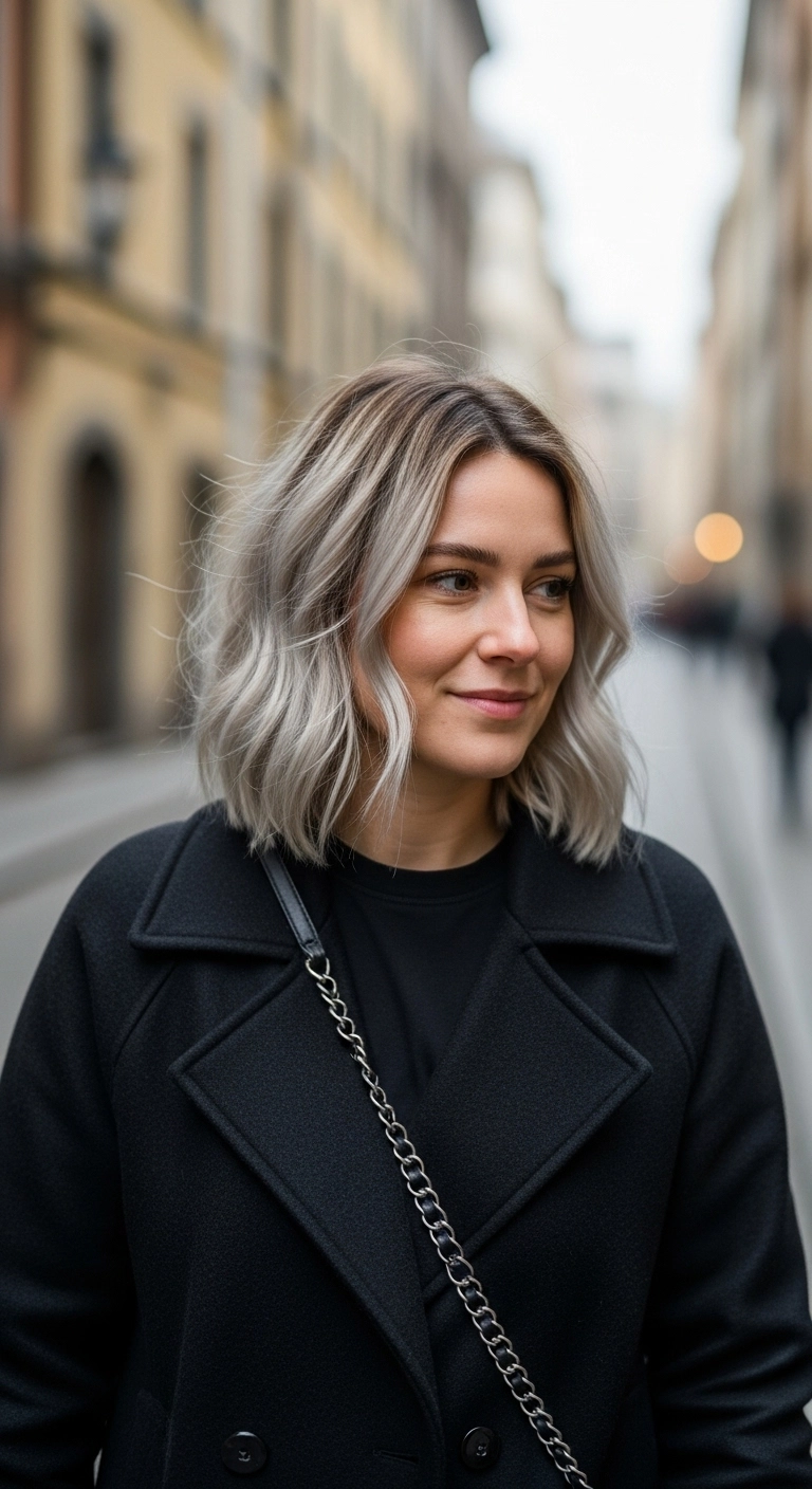 Icy Platinum Lob with Shadow Root and Lived-In Waves