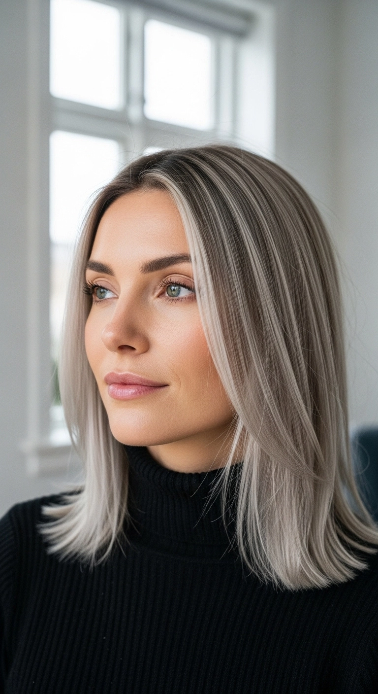 Icy Ash Blonde Lob with Bright Money Piece