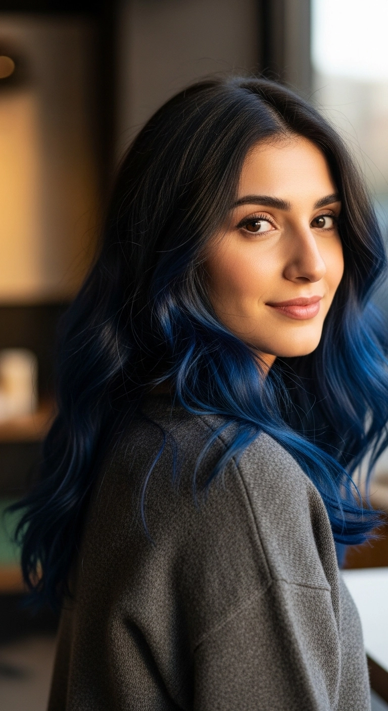 Midnight Black to Cobalt Blue Ombre Balayage Waves