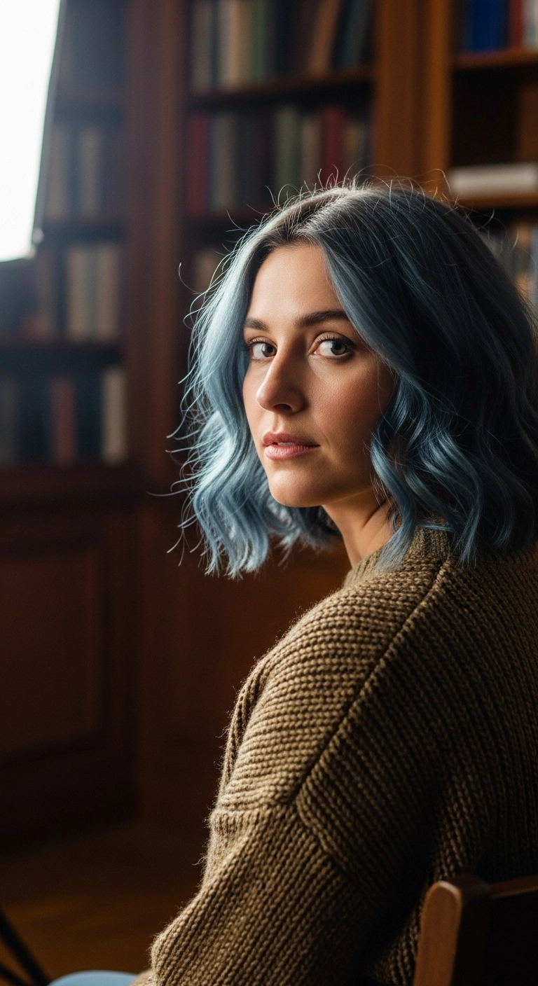Smoky Denim Blue Wavy Textured Lob