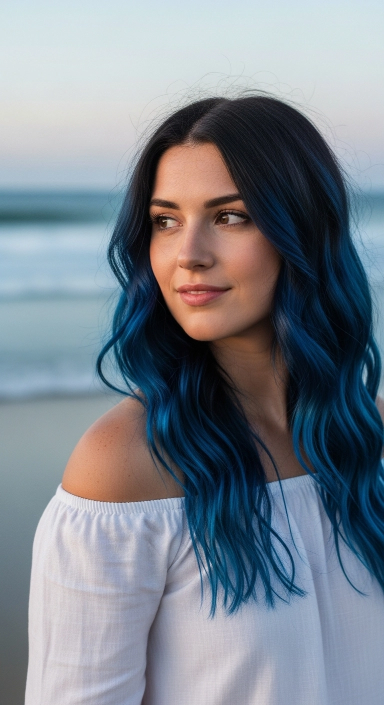 Midnight Black to Ocean Blue Balayage Waves