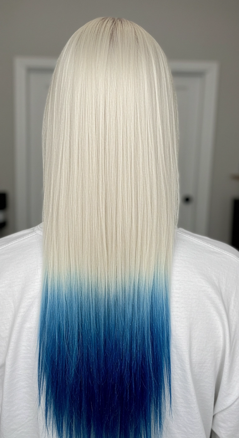 Pin-Straight Platinum Blonde with Electric Blue Dip Dye