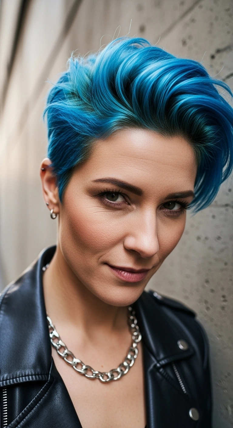 Electric Cyan Blue Voluminous Pixie Cut
