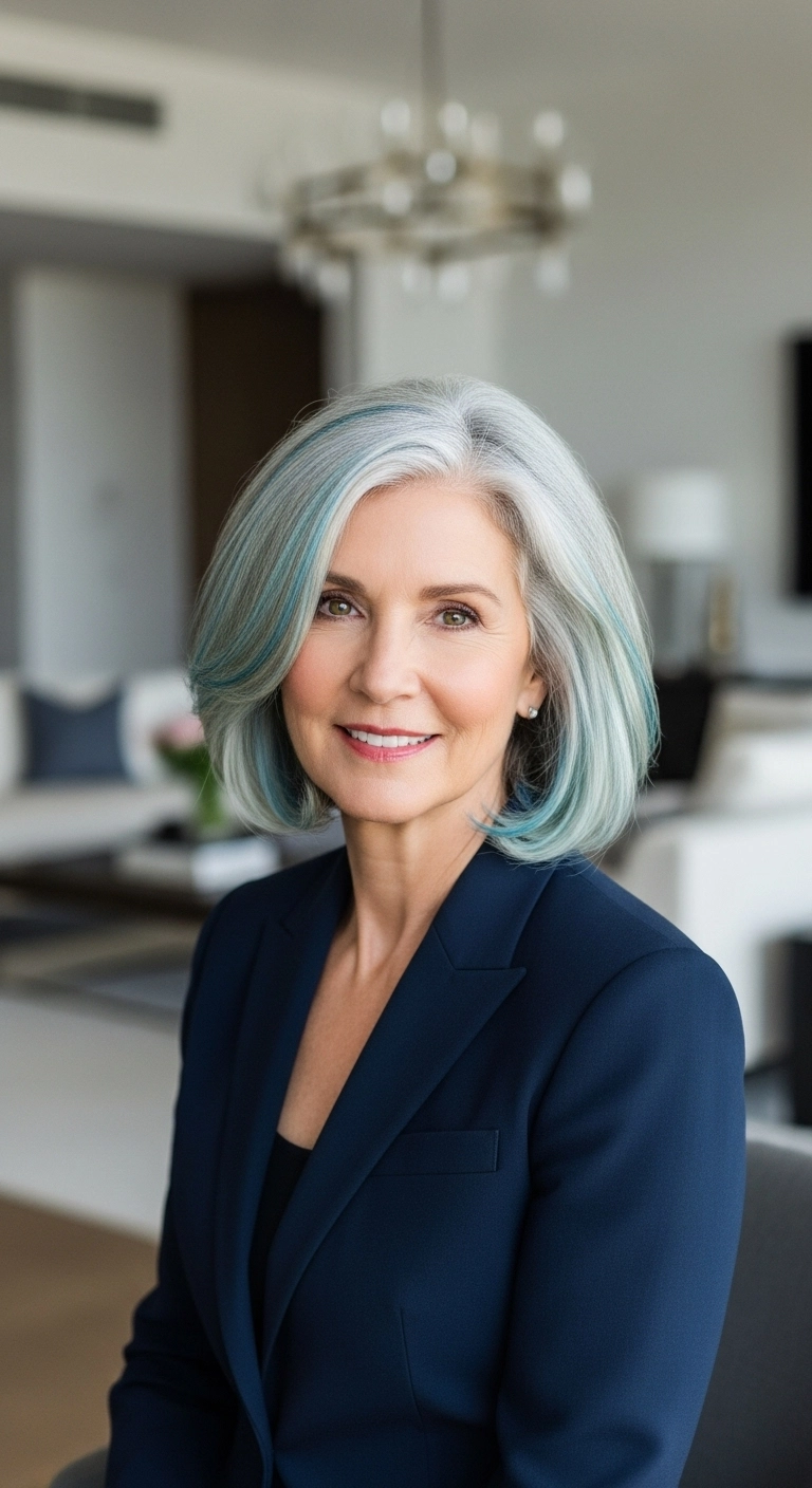 Chic Silver Bob with Pastel Teal Money Piece