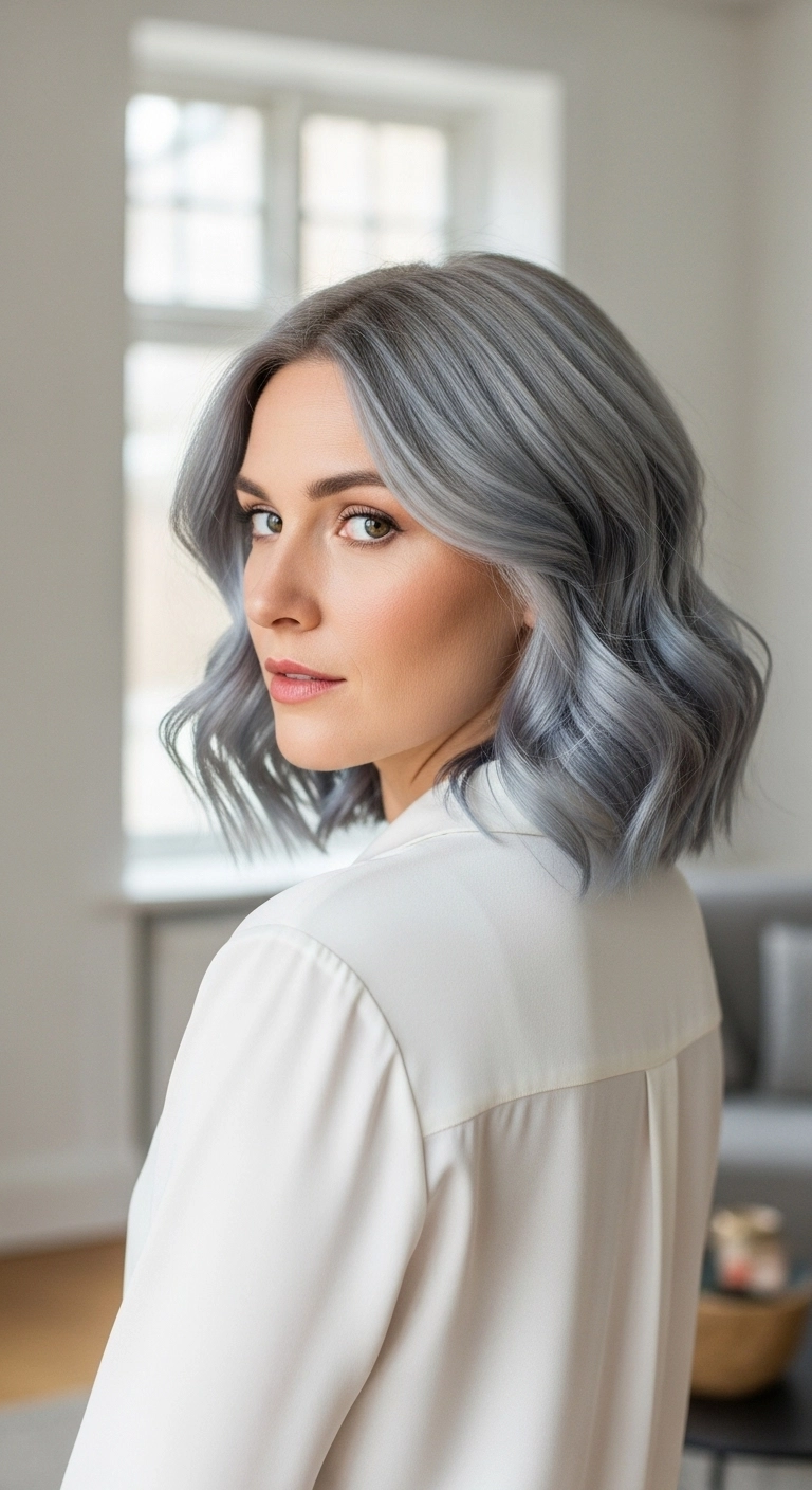Smoky Silver Wavy Lob with Curtain Face-Framing