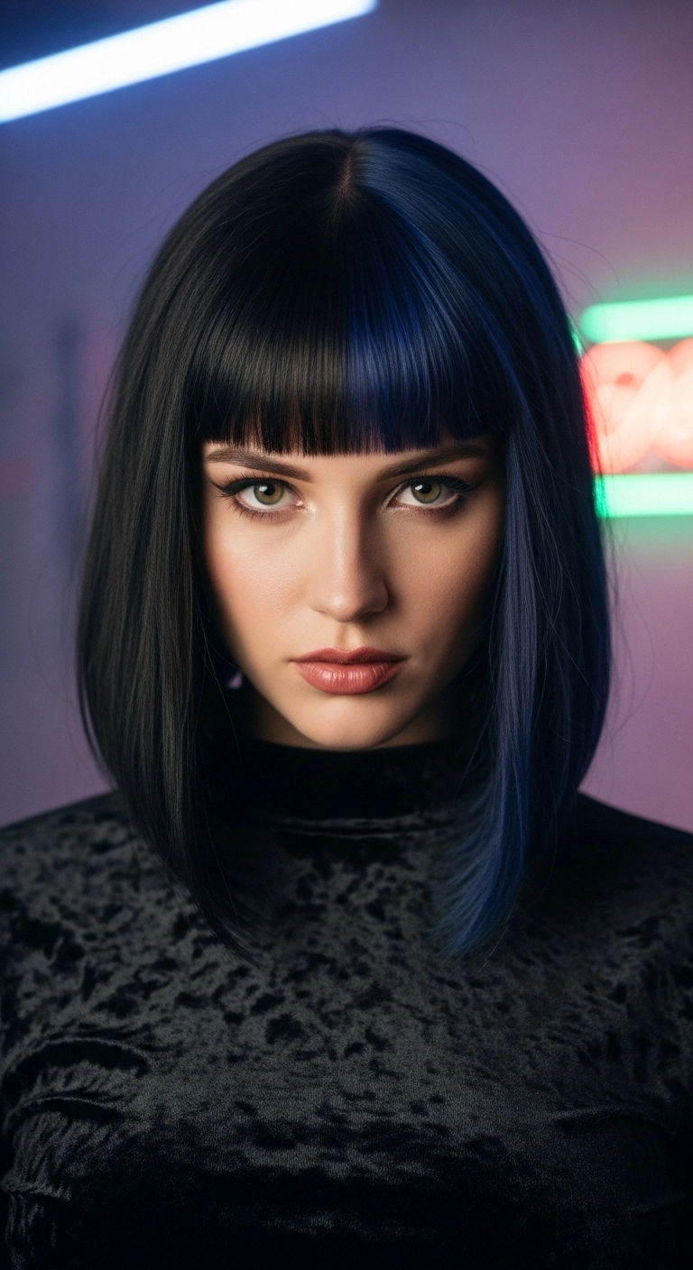Midnight Blue Split Dye Blunt Lob with Bangs