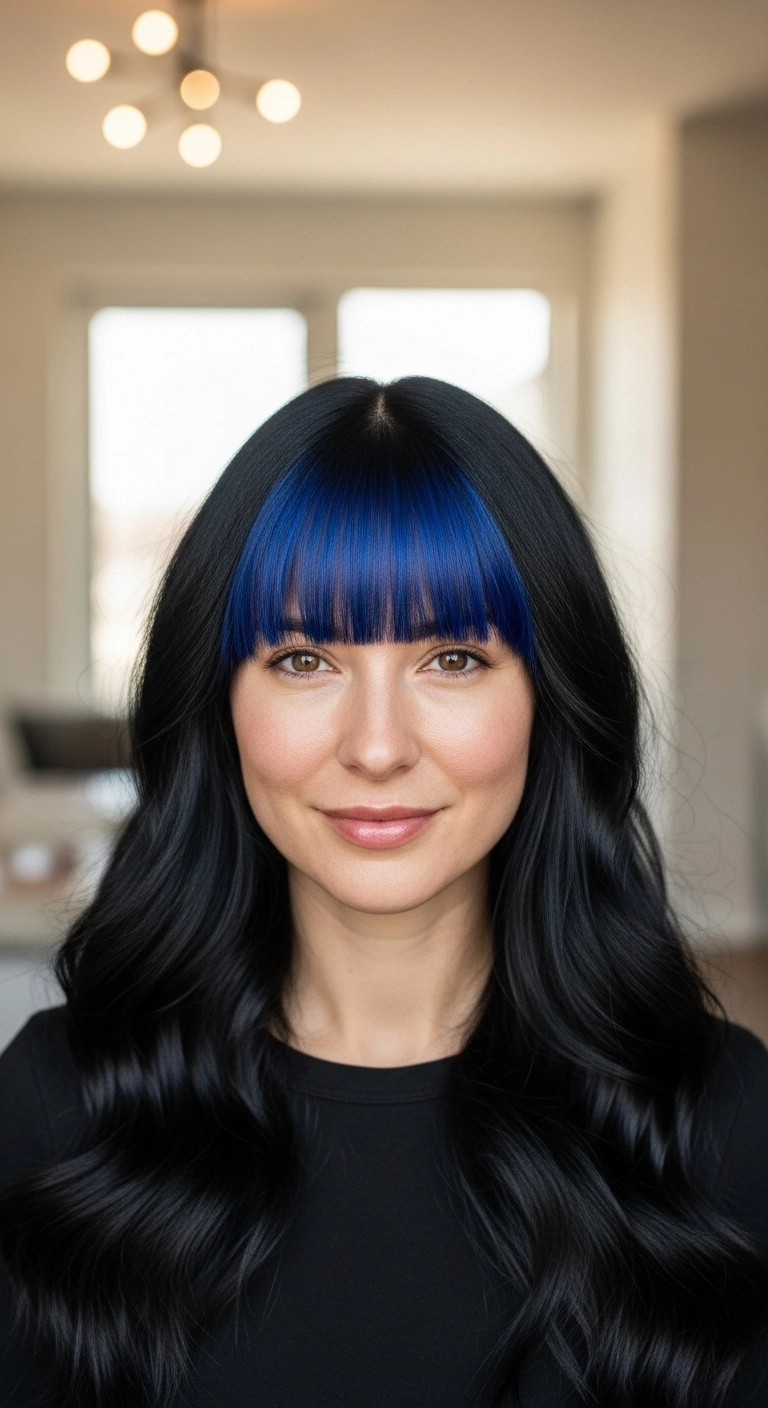 Jet Black Long Waves with Electric Blue Color-Blocked Bangs