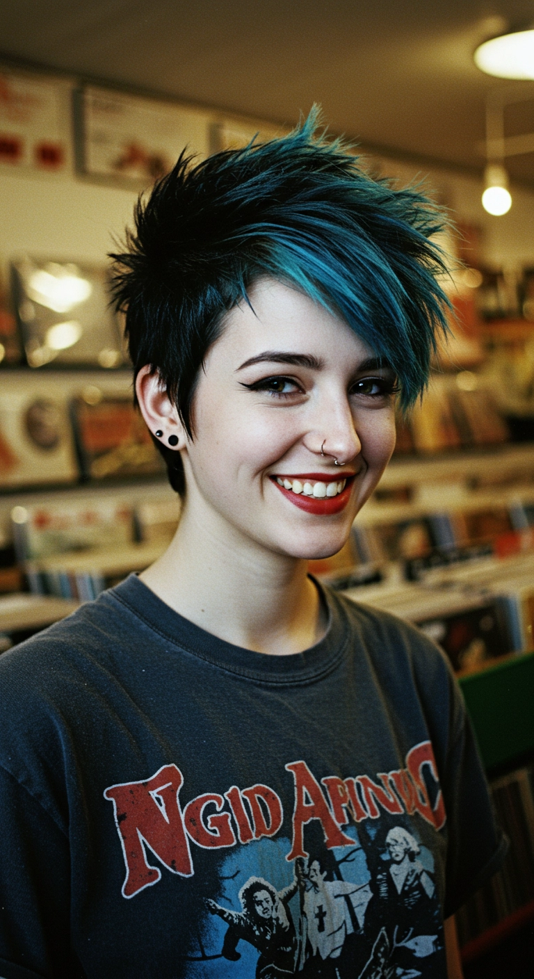 Edgy Spiky Pixie Cut with Vibrant Teal Side Fringe
