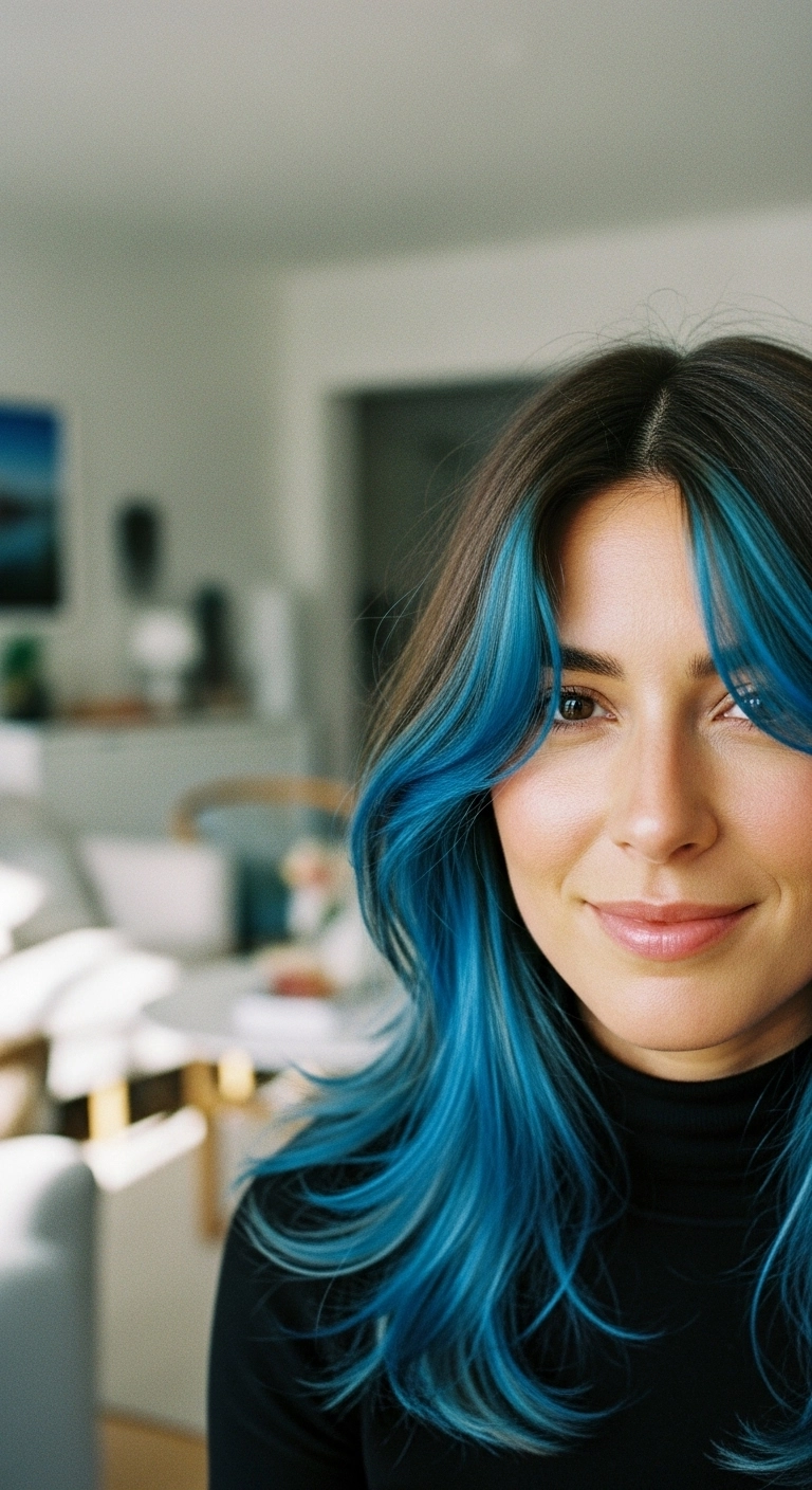 Vibrant Ocean Blue Money Piece with Face-Framing Blowout