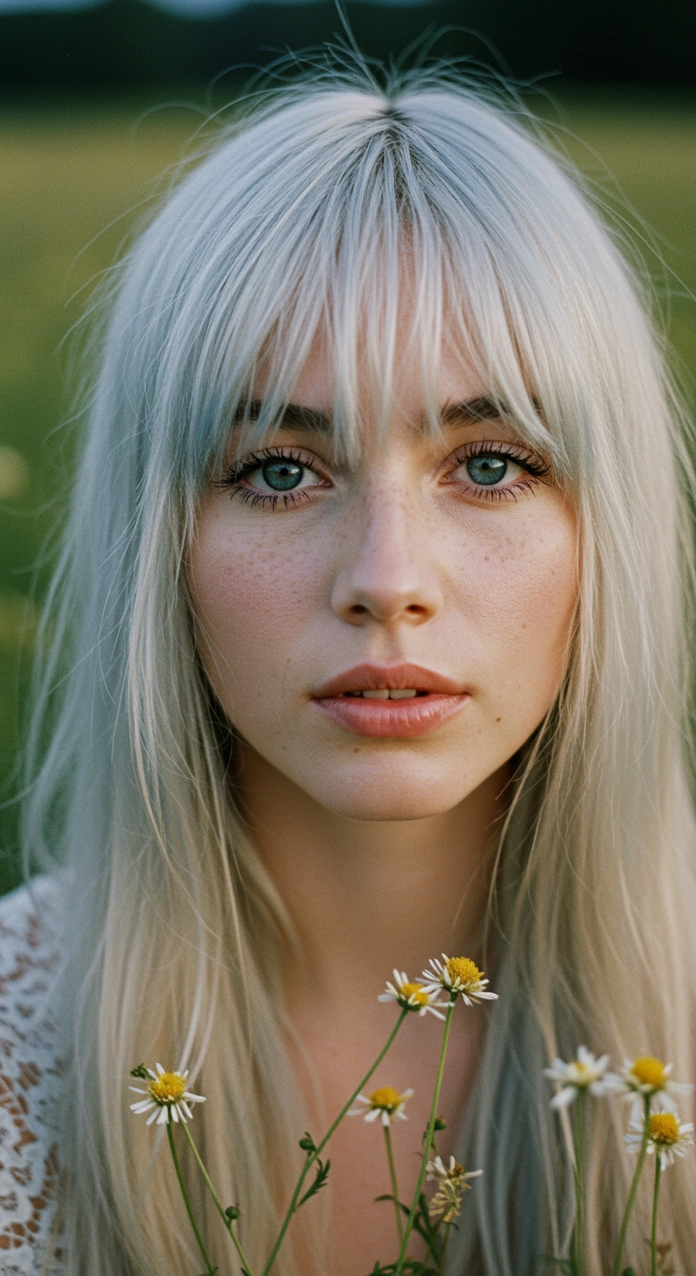 Icy Platinum Blonde with Wispy Curtain Bangs