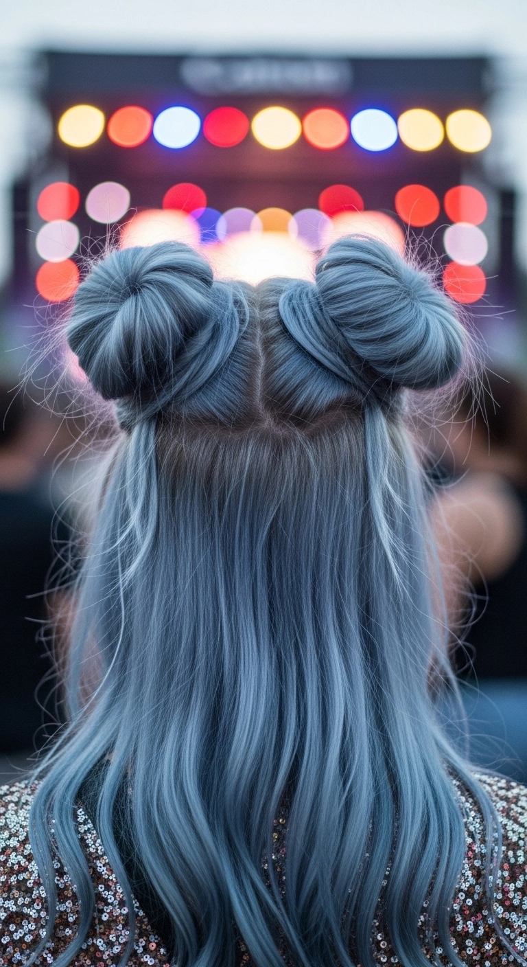 Pastel Denim Blue Half-Up Space Buns for Festivals