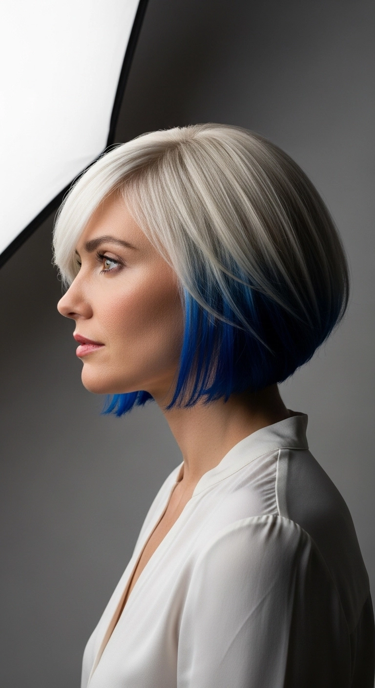 Icy Platinum Bob with Cobalt Blue Peekaboo Underlights