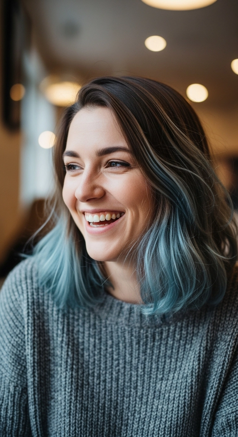 Smoky Ash Brown Lob with Pastel Denim Blue Ombré