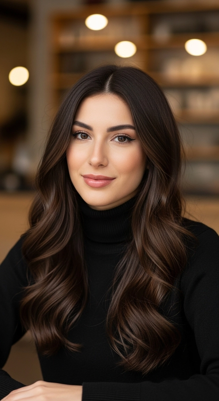 Glossy Dark Chocolate Blowout Waves with Face-Framing Layers