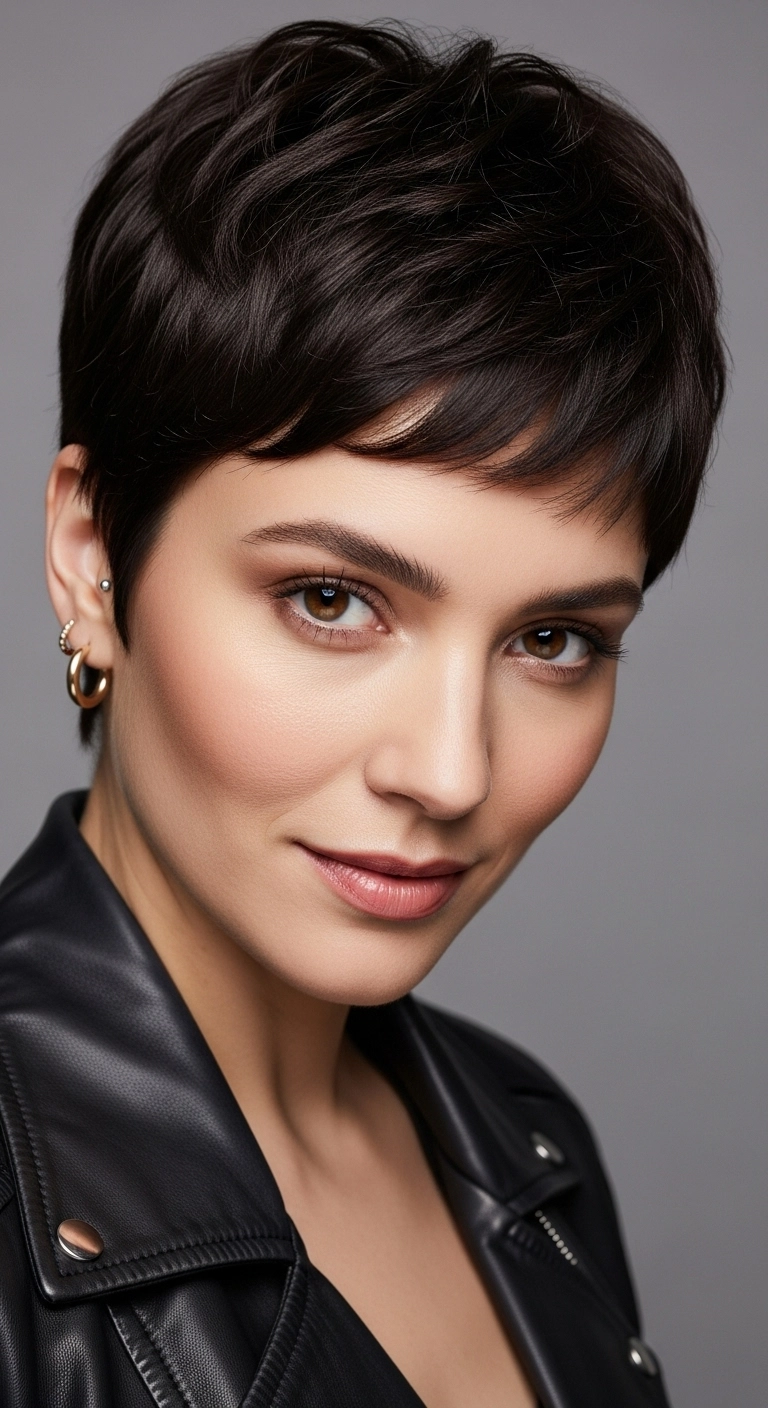 Textured Brunette Pixie Cut with Side-Swept Baby Bangs