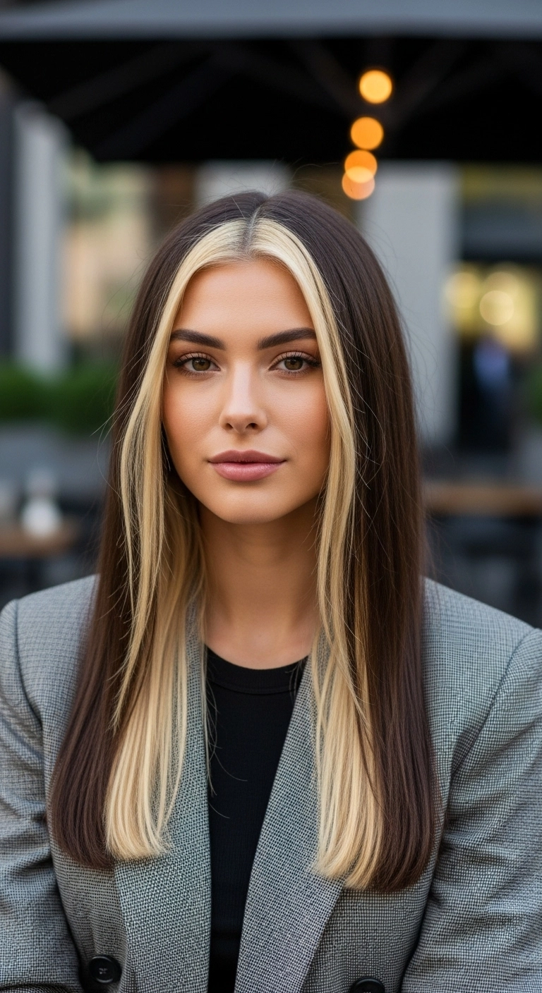 Sleek Dark Brown Hair with Bold Blonde Money Piece