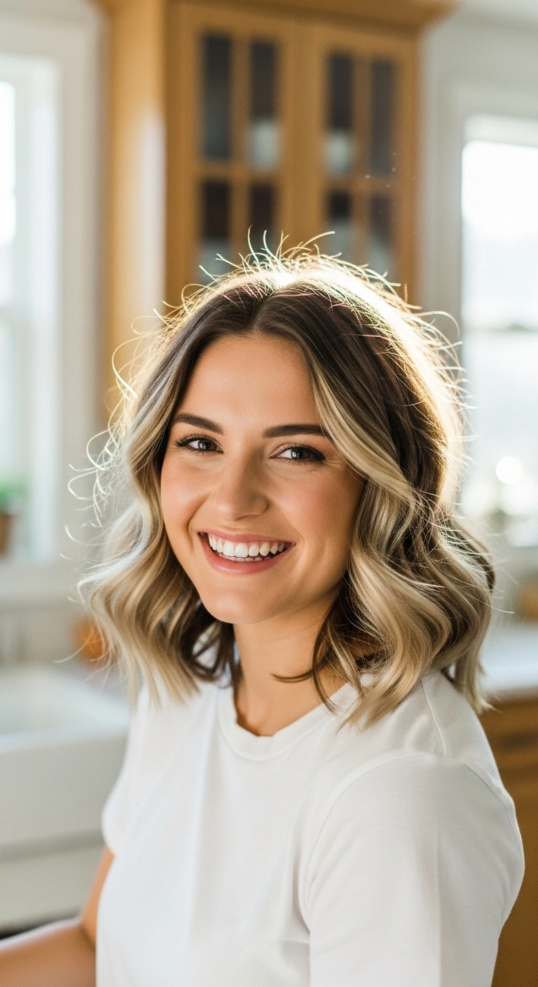 Wavy Ash Blonde Lob with Bright Face-Framing Balayage