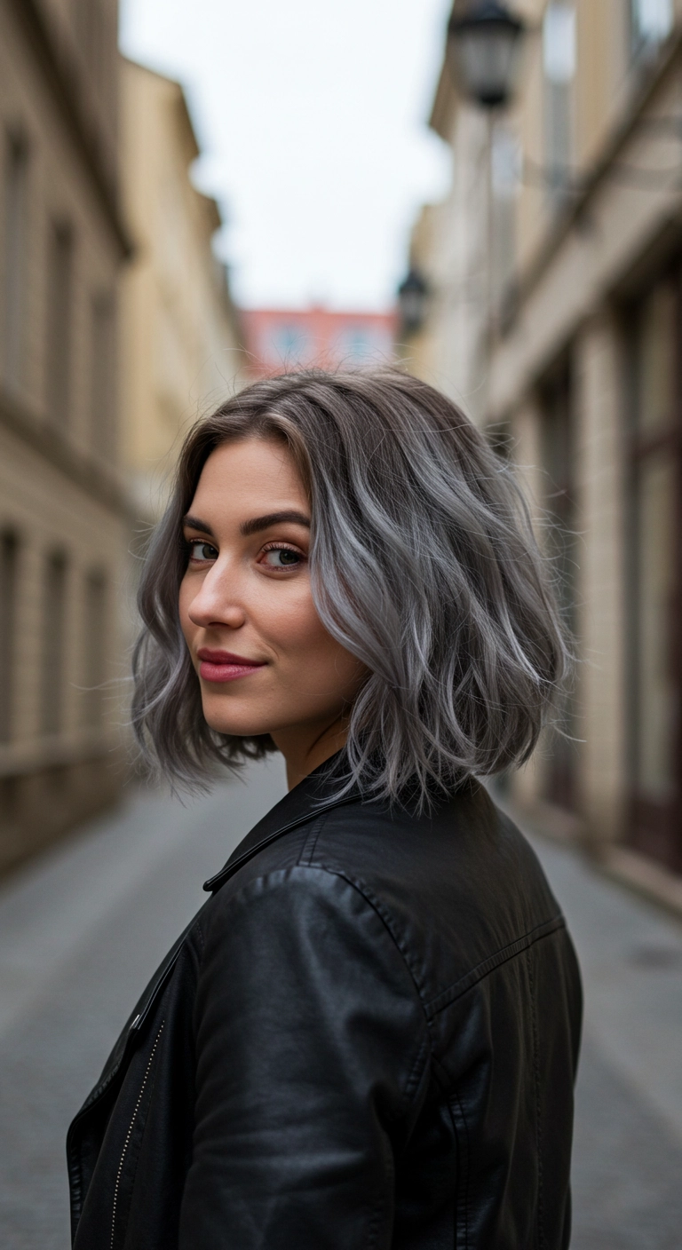 Smoky Charcoal-Silver Root Melt Bob with Tousled Waves