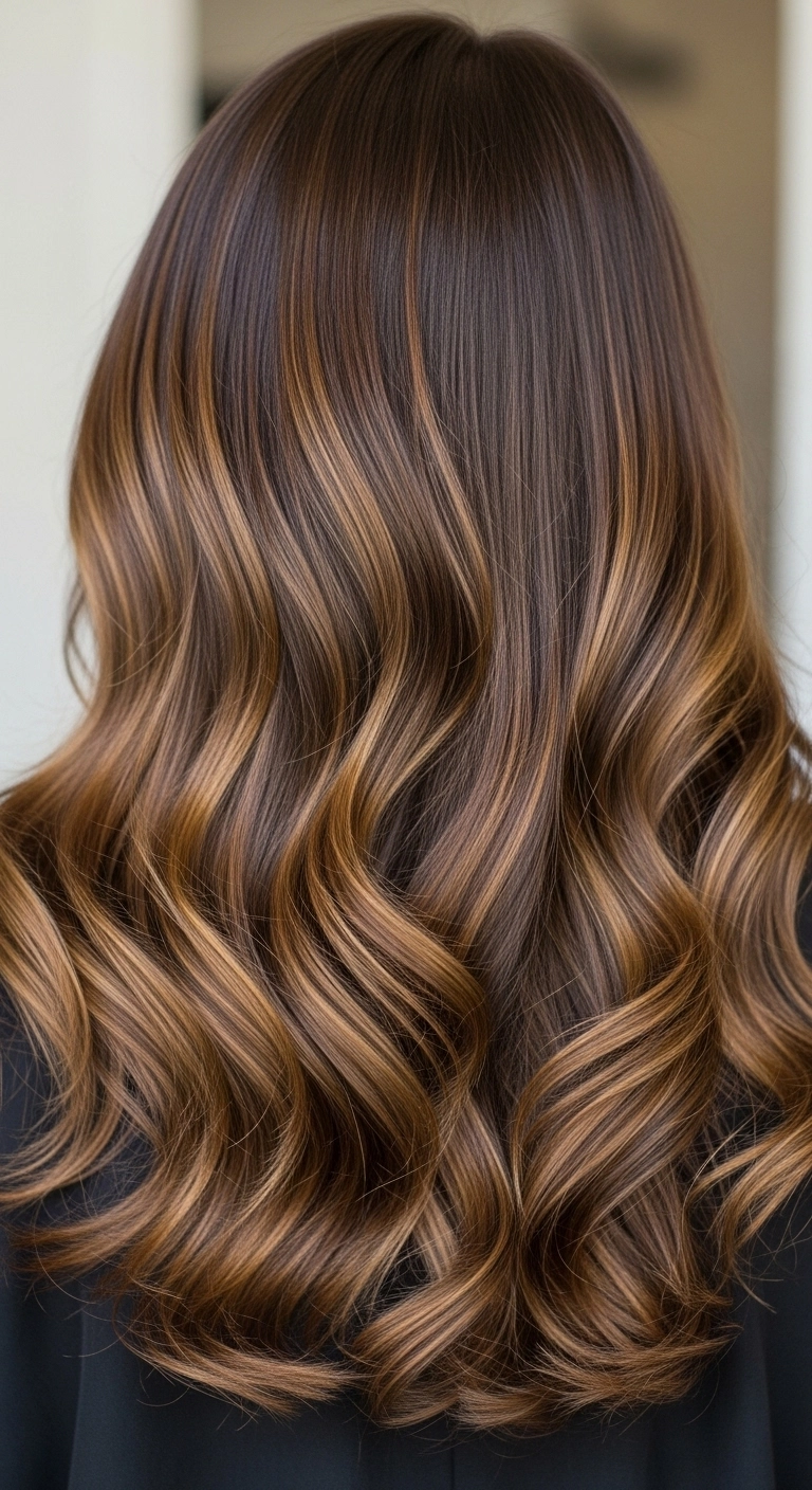 Glossy Caramel Ribbon Balayage with Polished Waves
