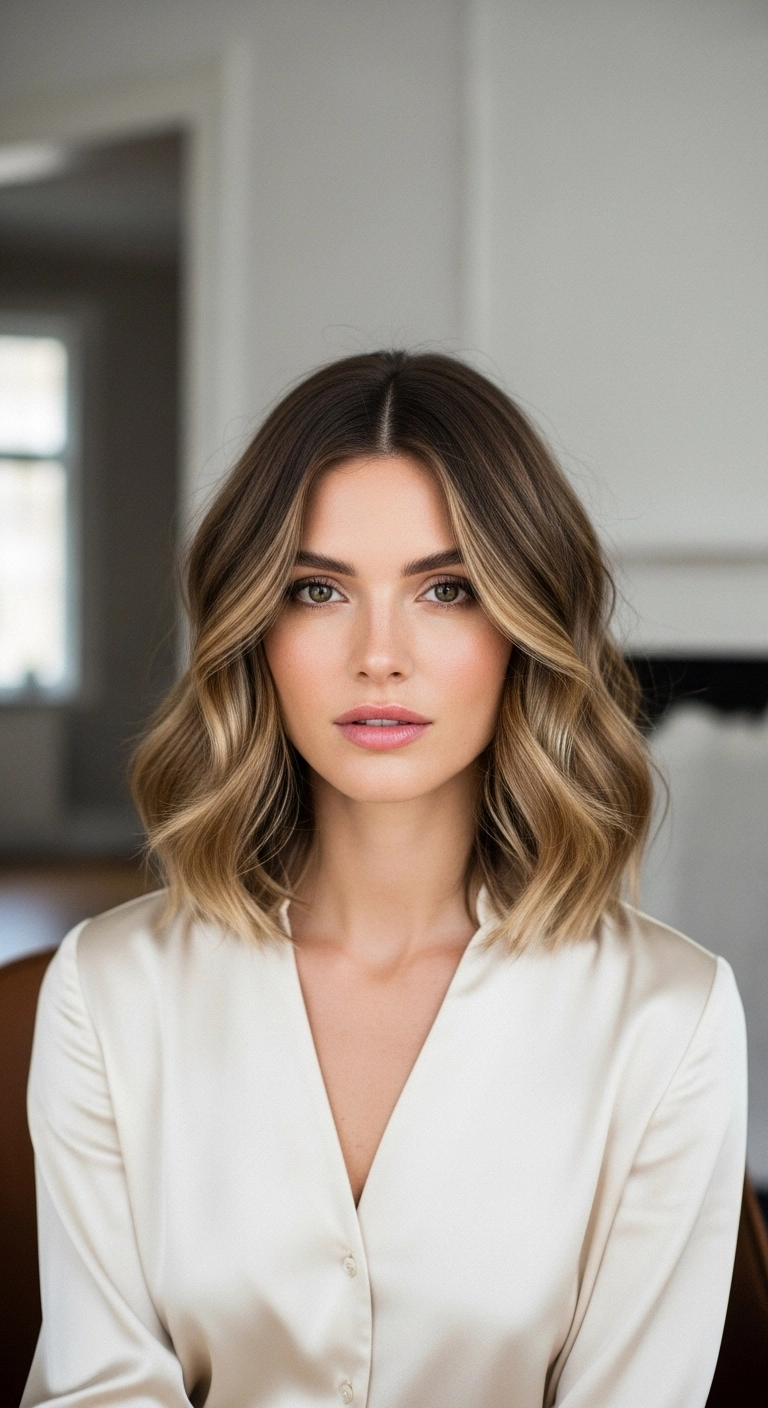 Chic Honey Balayage Lob with Face-Framing Waves