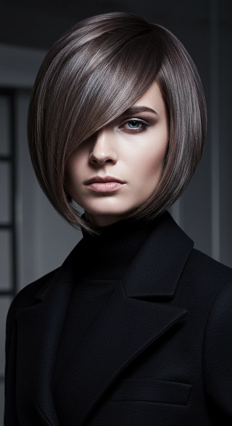 High-Gloss Sculpted Ash Brown Bob with Dramatic Side Bang