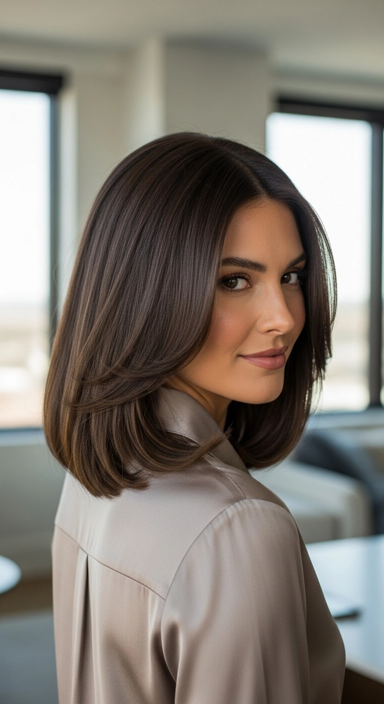 Glossy Chocolate Brown Layered Blowout Lob