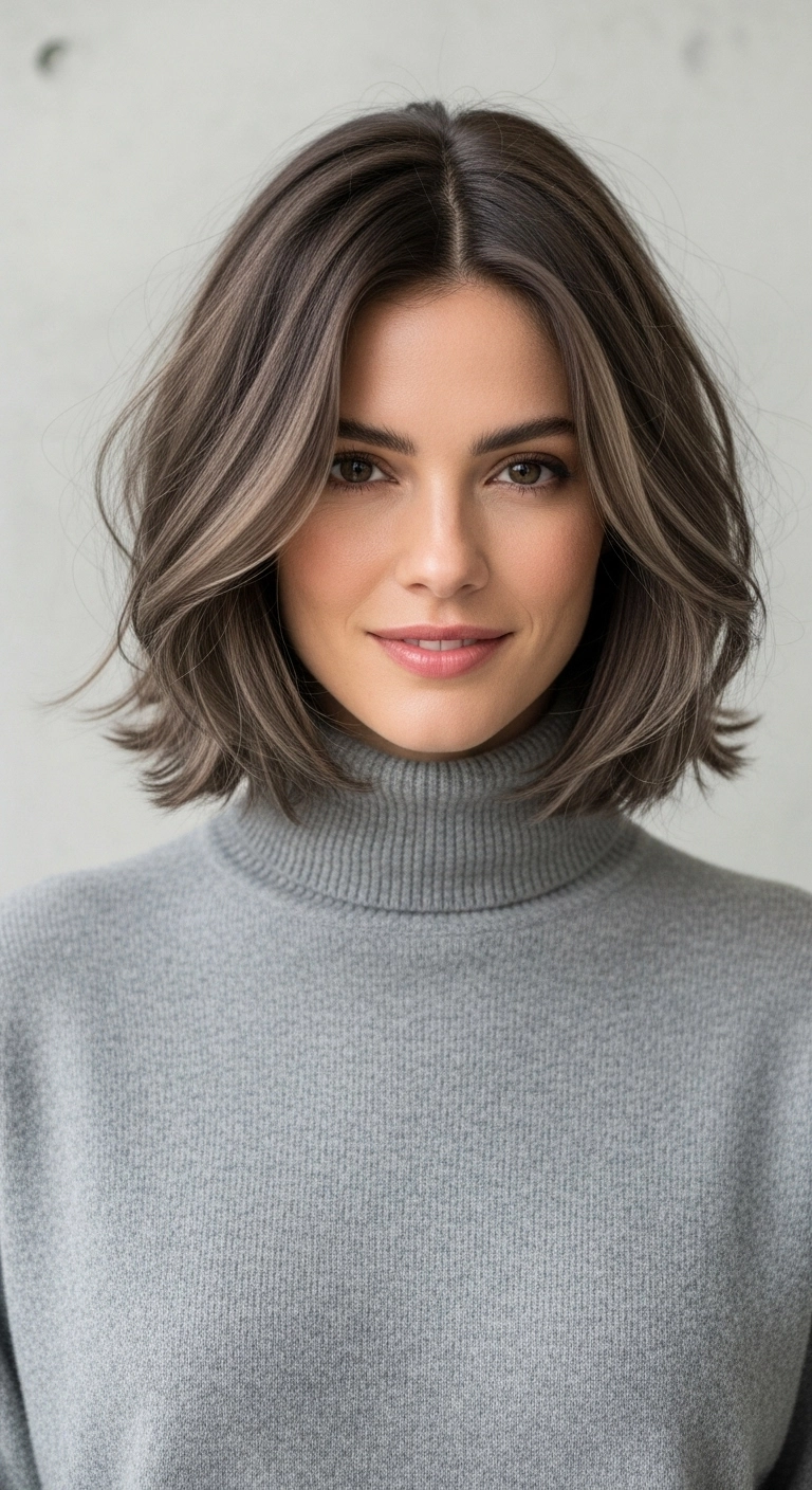 Mushroom Ash Brown Textured Lob with Money Piece