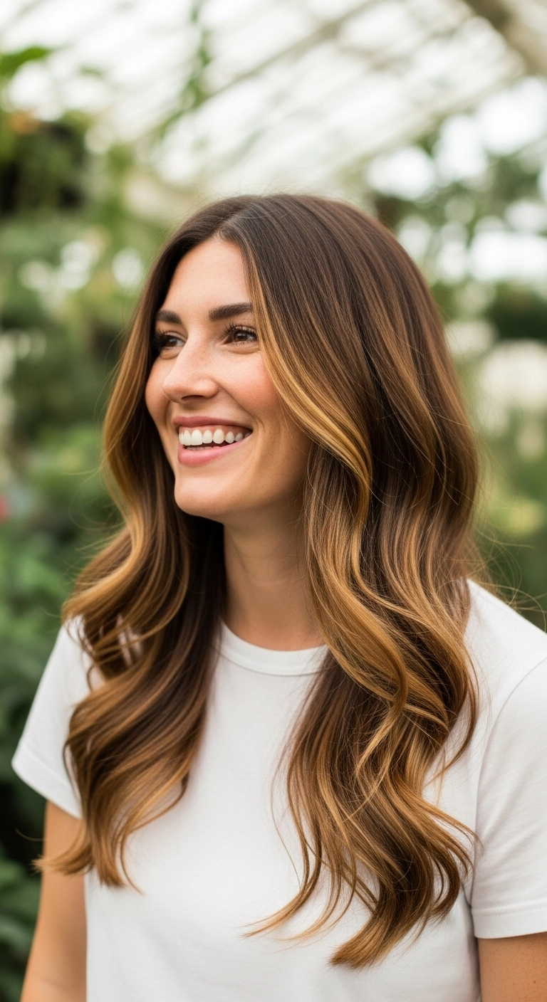 Warm Honey Balayage with Face-Framing Waves