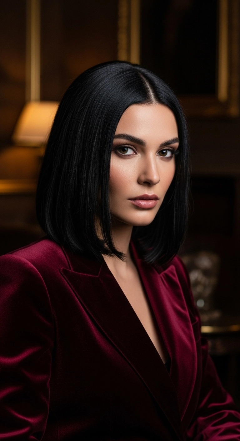 Jet Black Sleek Center-Part Blunt Lob