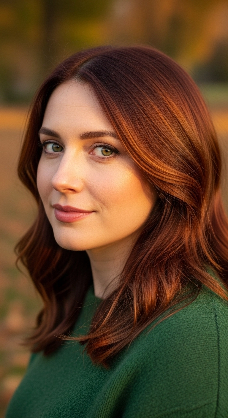 Glossy Warm Auburn Lob with Face-Framing Waves