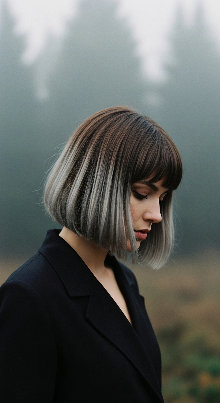 Smoky Ash Ombre Blunt Bob with Full Bangs