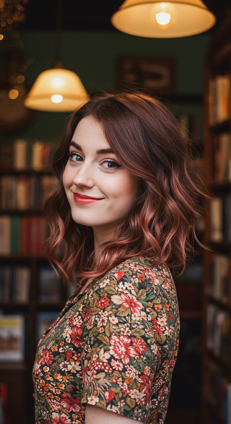 Rose Gold Balayage Tousled Wavy Lob