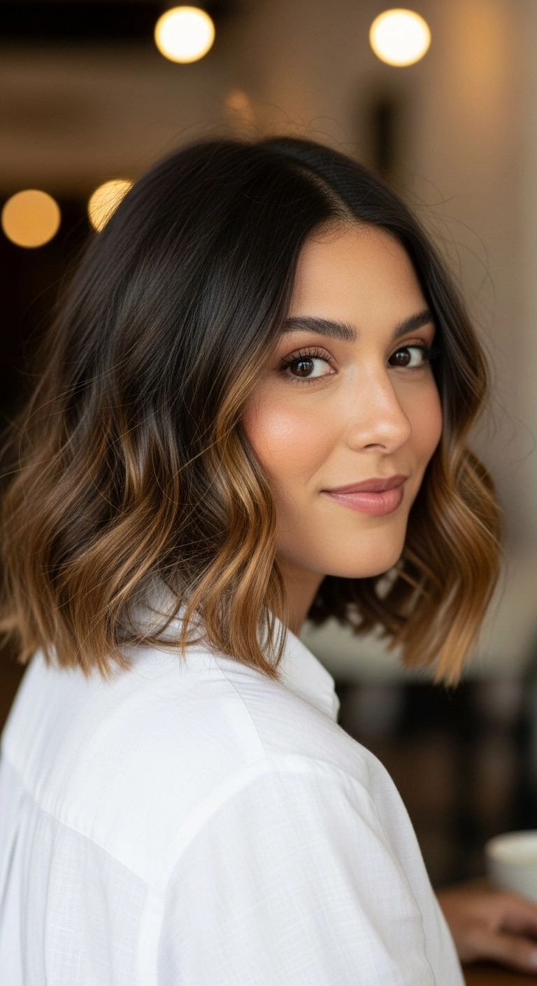 Lived-In Warm Caramel Balayage Lob