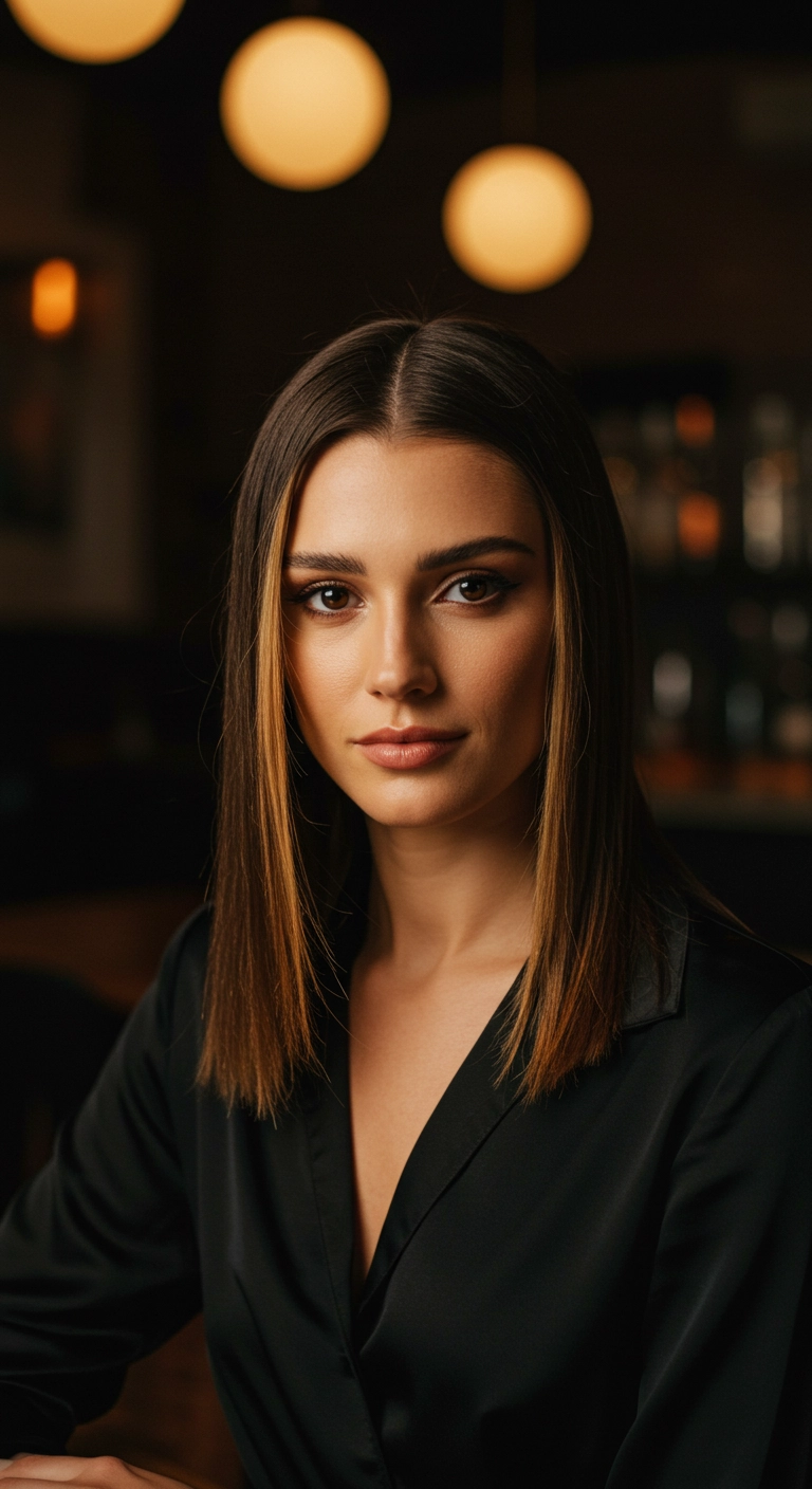 Sleek Blunt Lob with Honey Money Piece