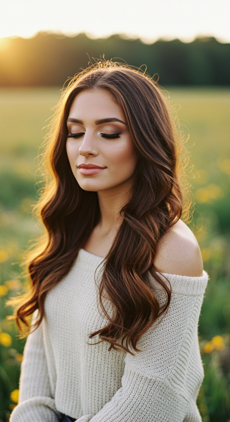 Soft Romantic Waves on Rich Chocolate Brown Balayage