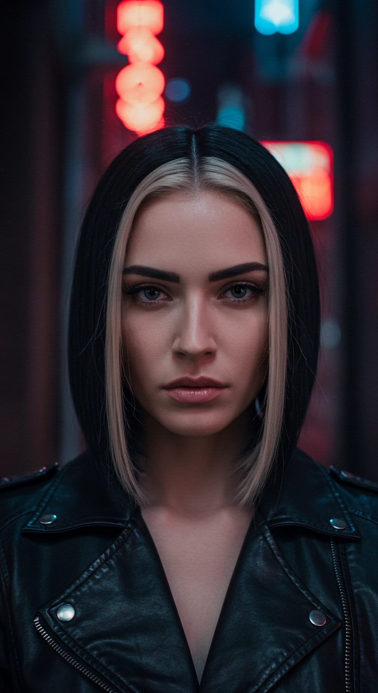 Edgy Sleek Lob with Platinum Blonde Face-Framing Money Pieces