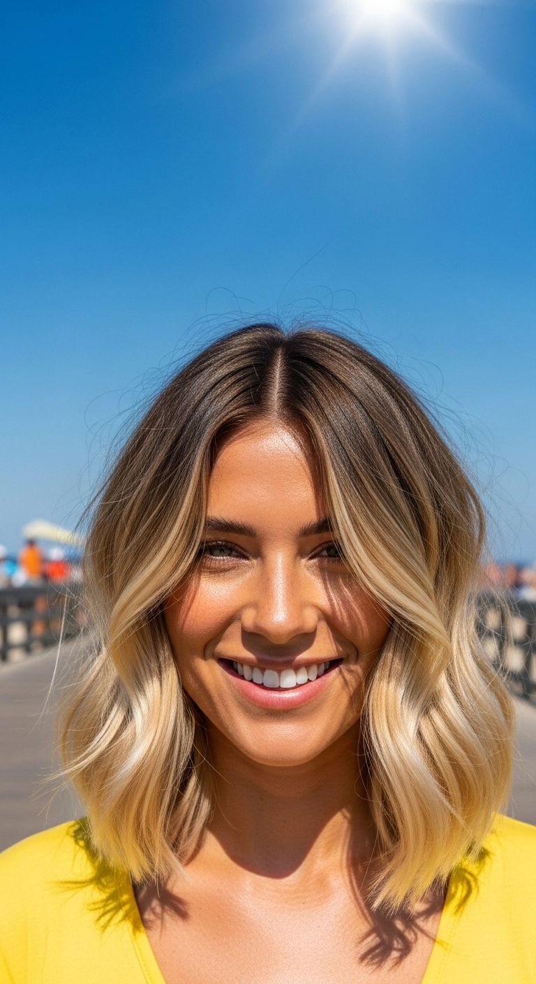 Sun-Kissed Lob with Golden Balayage and Bright Money Piece
