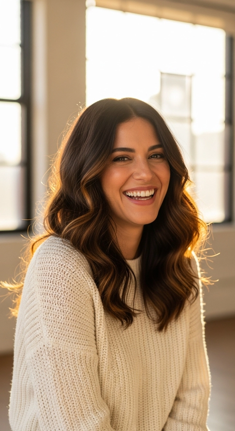 Sunlit Caramel Balayage on Long Layered Waves