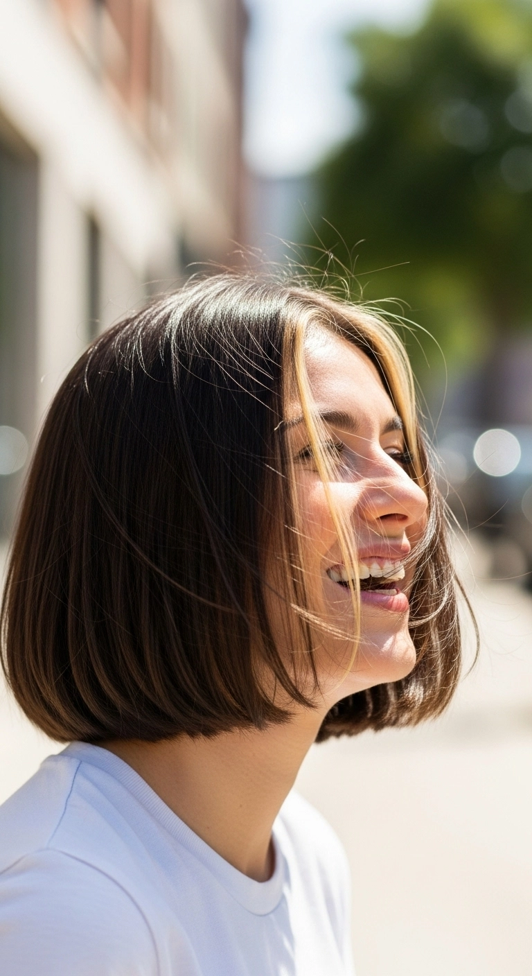 Blunt Chin-Length Bob with Golden Money Piece