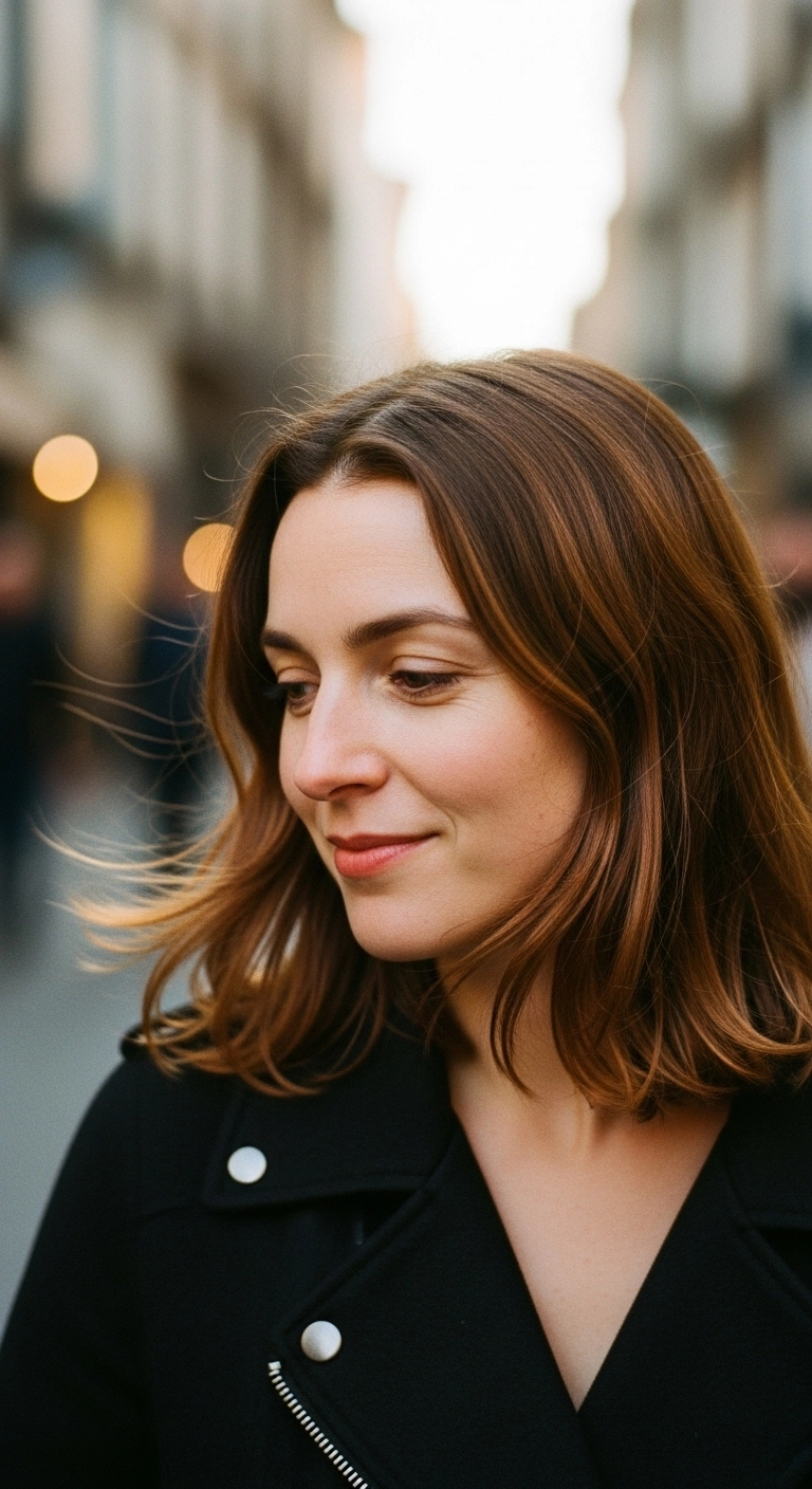 Effortless Warm Chestnut Lob with Golden Babylights