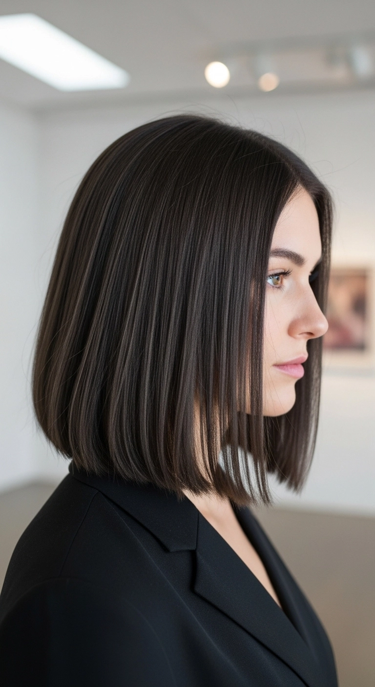 Sleek Glass-Hair Blunt Bob in Deep Espresso